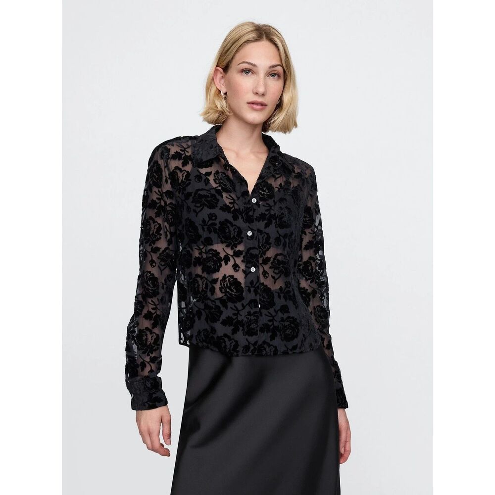 Gap Black Floral Burnout Velvet Top Shirt Women S Whimsigoth Gothic Moody Sheer